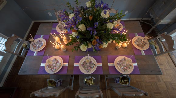 Purple and yellow birthday table