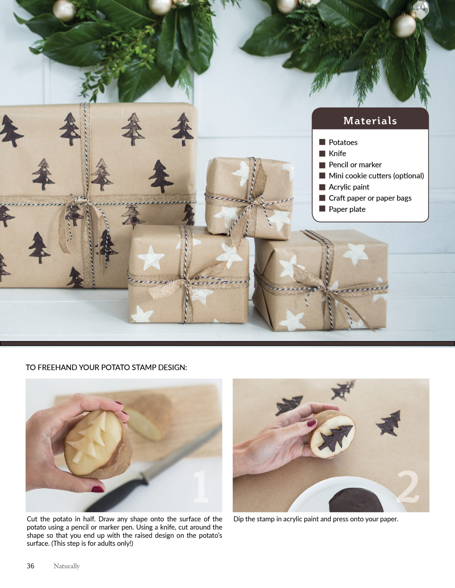 diy wrapping paper with spud stamps